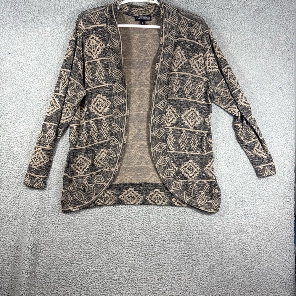 Almost Famous Womens 3X Open Cardigan Sweater Aztec Tribal Tan Black Long Sleeve
